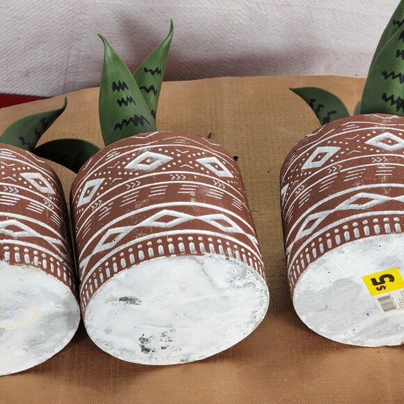 Faux Plants in Terracotta Tribal Print Faux Cement Pots Set of 3 4"Wx9"H - Picture 15 of 15